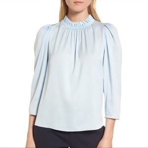 92% Silk 8% Spandex Lewit Baby Blue Ruffle Neck Puff Sleeve High Neck Blouse M